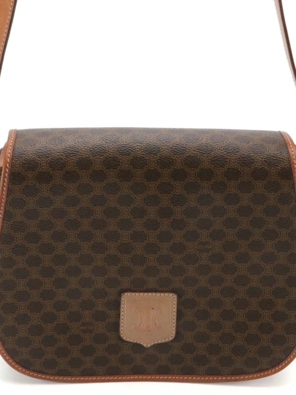 Celine Full Flap Crossbody Bag in Dark Brown Macadam Canvas and Leather Trim